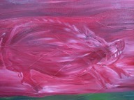 Oil painting of a feral pig rendered in reds, purples and blues with flowing horizontal strokes on bright green ground
