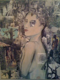 Collage in desaturated colours, background of gnarled trees and silhouettes of people. Central is a woman turning to face the viewer